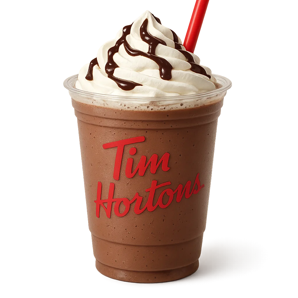 A Tim Hortons Chocolate Creamy Chill in a clear plastic cup with whipped cream, chocolate drizzle, and a red straw