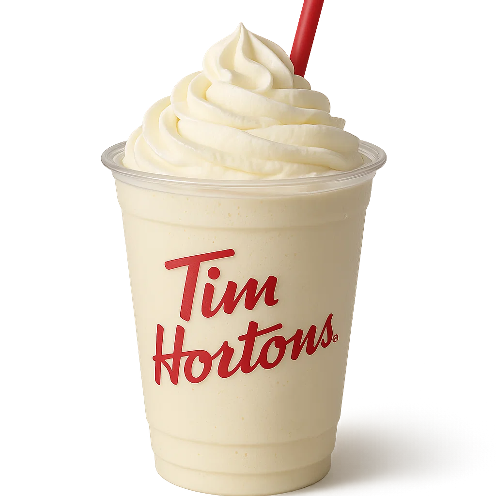 A Tim Hortons Vanilla Creamy Chill in a clear plastic cup topped with whipped cream and a red straw